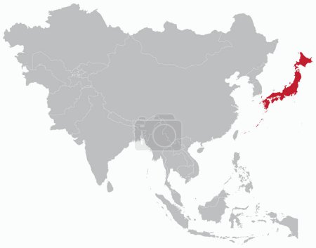 Ilustración de Resaltado mapa rojo de JAPÓN dentro gris detallado mapa político en blanco de Asia sobre fondo azul claro, sin el Medio Oriente y Rusia - Imagen libre de derechos