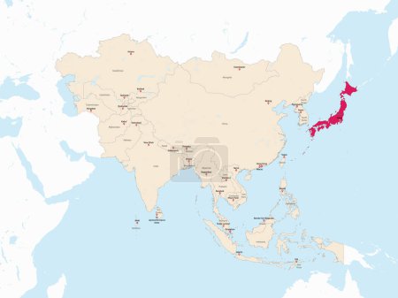 Ilustración de Mapa rojo resaltado de JAPÓN dentro del mapa político detallado rojo claro de Asia usando proyección ortográfica sobre fondo blanco y azul - Imagen libre de derechos