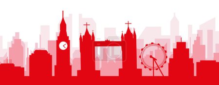 Illustration for Red panoramic city skyline poster with reddish misty transparent background buildings of LONDON, UNITED KINGDOM - Royalty Free Image