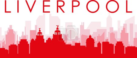 Illustration for Red panoramic city skyline poster with reddish misty transparent background buildings of LIVERPOOL, UNITED KINGDOM - Royalty Free Image