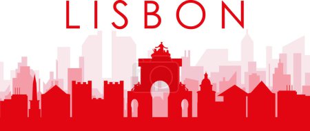 Illustration for Red panoramic city skyline poster with reddish misty transparent background buildings of LISBON, PORTUGAL - Royalty Free Image
