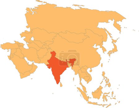 Ilustración de Mapa rojo resaltado de INDIA dentro de naranja mapa político detallado de Asia usando proyección ortográfica sobre fondo transparente - Imagen libre de derechos