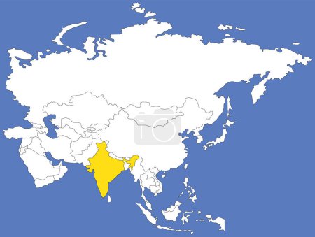 Ilustración de Mapa amarillo resaltado de INDIA dentro del mapa político blanco de Asia usando proyección ortográfica sobre fondo azul oscuro - Imagen libre de derechos