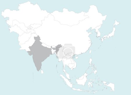 Ilustración de Resaltado mapa gris de INDIA dentro blanco detallado mapa político en blanco de Asia sobre fondo azul, sin el Medio Oriente y Rusia - Imagen libre de derechos
