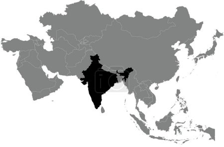 Ilustración de Resaltado mapa negro de INDIA dentro gris oscuro detallado mapa político en blanco de Asia usando proyección ortográfica sobre fondo transparente, sin Rusia - Imagen libre de derechos