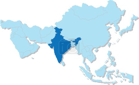 Ilustración de Resaltado mapa azul de INDIA dentro azul claro Mapa político en blanco 3D de Asia proyección ortográfica sobre fondo transparente, sin Rusia - Imagen libre de derechos