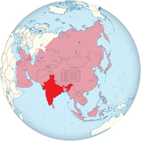 Ilustración de Mapa rojo resaltado de INDIA dentro del mapa político en blanco detallado rojo de Asia usando la proyección ortográfica del globo - Imagen libre de derechos