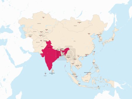 Ilustración de Mapa rojo resaltado de INDIA dentro del mapa político detallado rojo claro de Asia usando proyección ortográfica sobre fondo blanco y azul - Imagen libre de derechos