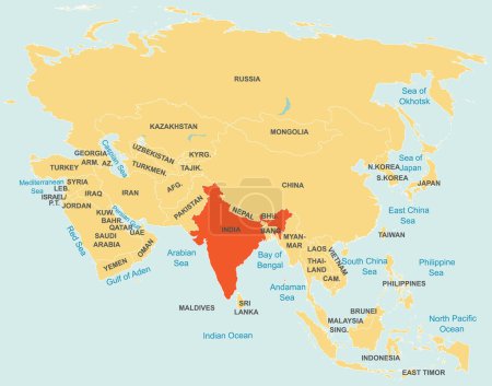Ilustración de Resaltado mapa rojo de INDIA dentro de naranja etiquetado mapa detallado de Asia con proyección ortográfica sobre fondo azul - Imagen libre de derechos