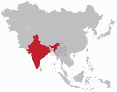 Ilustración de Resaltado mapa rojo de INDIA dentro de gris mapa político en blanco detallado de Asia sobre fondo azul claro, sin el Medio Oriente y Rusia - Imagen libre de derechos