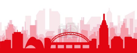 Illustration for Red panoramic city skyline poster with reddish misty transparent background buildings of NEWCASTLE, UNITED KINGDOM - Royalty Free Image
