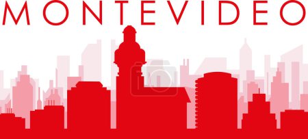 Illustration for Red panoramic city skyline poster with reddish misty transparent background buildings of MONTEVIDEO, URUGUAY - Royalty Free Image