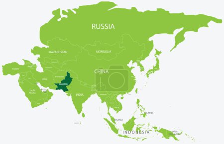 Ilustración de Highlighted green map of PAKISTAN inside light green political map of Asia using orthographic projection on light blue background - Imagen libre de derechos