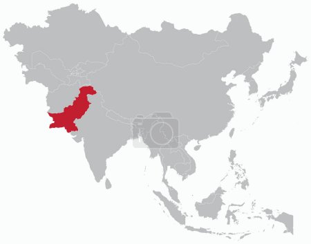 Ilustración de Highlighted red map of PAKISTAN inside grey detailed blank political map of Asia on light blue background, without the Middle East and Russia - Imagen libre de derechos