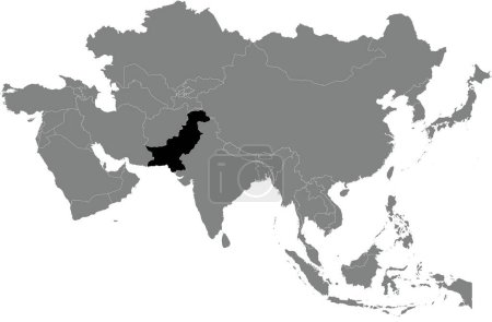 Ilustración de Highlighted black map of PAKISTAN inside dark grey detailed blank political map of Asia using orthographic projection on transparent background, without Russia - Imagen libre de derechos
