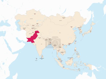 Ilustración de Highlighted red map of PAKISTAN inside light red detailed political map of Asia using orthographic projection on white and blue background - Imagen libre de derechos