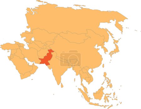 Ilustración de Highlighted red map of PAKISTAN inside orange detailed political map of Asia using orthographic projection on transparent background - Imagen libre de derechos