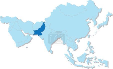 Ilustración de Highlighted blue map of PAKISTAN inside light blue 3D blank political map of Asia orthographic projection on transparent background, without Russia - Imagen libre de derechos