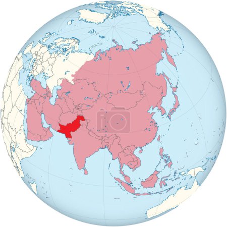 Ilustración de Highlighted red map of PAKISTAN inside red detailed blank political map of Asia using orthographic projection of the Globe - Imagen libre de derechos