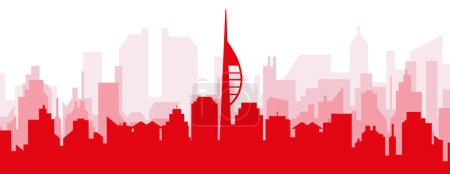 Illustration for Red panoramic city skyline poster with reddish misty transparent background buildings of PORTSMOUTH, UNITED KINGDOM - Royalty Free Image