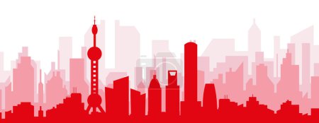 Illustration for Red panoramic city skyline poster with reddish misty transparent background buildings of SHANGHAI, CHINA - Royalty Free Image