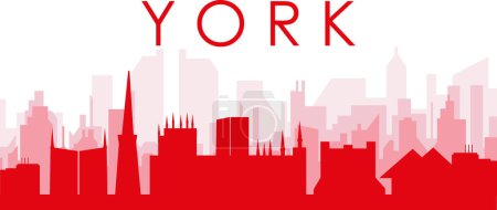 Illustration for Red panoramic city skyline poster with reddish misty transparent background buildings of YORK, UNITED KINGDOM - Royalty Free Image