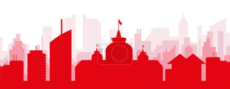 Illustration for Red panoramic city skyline poster with reddish misty transparent background buildings of THE HAGUE, NETHERLANDS - Royalty Free Image