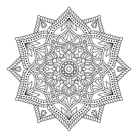 Illustration for Isolated flower mandala in vector. Round line pattern. Vintage monochrome element for coloring pages, tattoo, decoration - Royalty Free Image