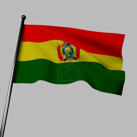 Foto de Representación 3D de la bandera boliviana ondeando sobre un fondo gris. La bandera presenta rayas amarillas, verdes y rojas, con el escudo de armas en el centro. El paño ondulado añade un toque dinámico. - Imagen libre de derechos