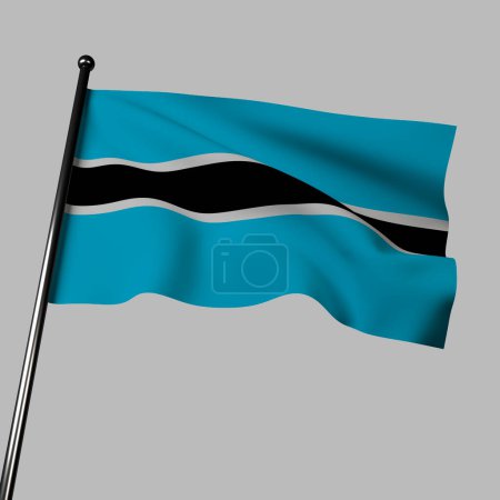 Foto de Este render 3D representa la bandera de Botswana ondeando sobre un fondo gris. La bandera presenta un fondo azul claro con una franja vertical negra y un zigzag blanco que simboliza los minerales del país. La tela ondulada añade un elemento dinámico a la imagen. - Imagen libre de derechos