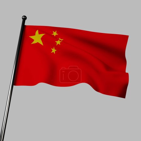 Téléchargez les photos : Drapeau de Chine agitant sur fond gris. Rouge avec cinq étoiles dorées dans le coin supérieur gauche, disposées en motif à cinq branches. Symbole la révolution, le parti communiste et l'unité du peuple chinois. - en image libre de droit