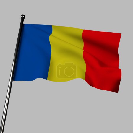Photo for Chad flag waving on gray background. Vertical stripes of blue, gold, and red with gold star and crescent. Symbolizes sky, sun, and blood of martyrs. - Royalty Free Image