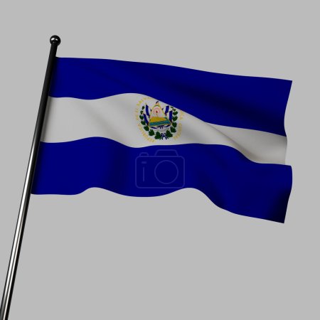 Photo for El Salvador flag 3D waving illustration on gray has blue and white stripes with the coat of arms. Colors represent peace, solidarity, and liberty. Coat of arms features symbols of agriculture, industry, and independence. - Royalty Free Image