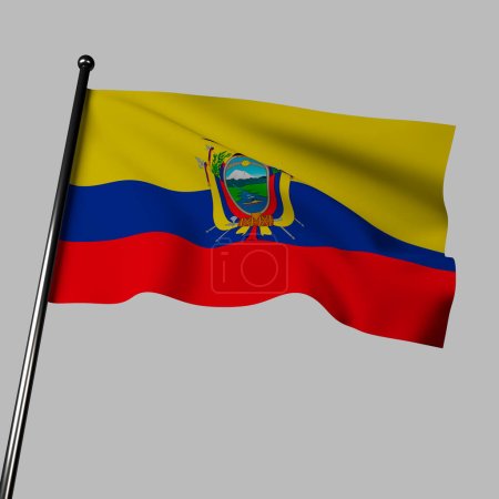 Photo for Ecuador flag 3D illustration on gray has yellow, blue, and red stripes with a coat of arms. Colors represent sun, sea, and blood of heroes. Coat of arms symbolizes natural wealth and independence struggle. - Royalty Free Image