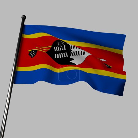 Photo for Eswatini flag waving on gray background, 3 horizontal stripes: blue for peace, yellow for mineral resources, and red for battles. Black and white shield with spears symbolize protection and defense readiness. - Royalty Free Image