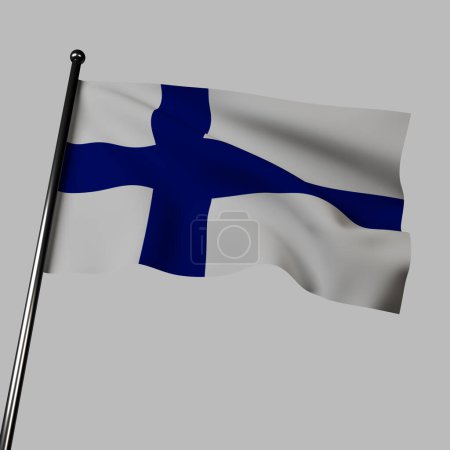 Photo for 3D Finland flag waves against a gray background. The white Nordic cross symbolizes the country's link to Scandinavia, and its blue background represents the country's numerous lakes. The flag is a symbol of the nation's freedom and independence. - Royalty Free Image