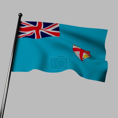 Téléchargez les photos : Drapeau Fidji sur fond gris, bleu clair avec Union Jack en haut à gauche, armoiries armoiries bouclier avec lion au-dessus du palmier. Le bleu représente l'océan Pacifique, tandis que le bouclier et le lion signifient les liens britanniques et le palmier représente la localisation tropicale. - en image libre de droit