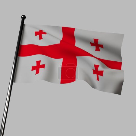 Drapeau Géorgie 3D sur fond gris. Dispose de cinq croix rouges sur fond blanc, symbolisant le christianisme. Une croix est plus grande et représente l'Église orthodoxe géorgienne