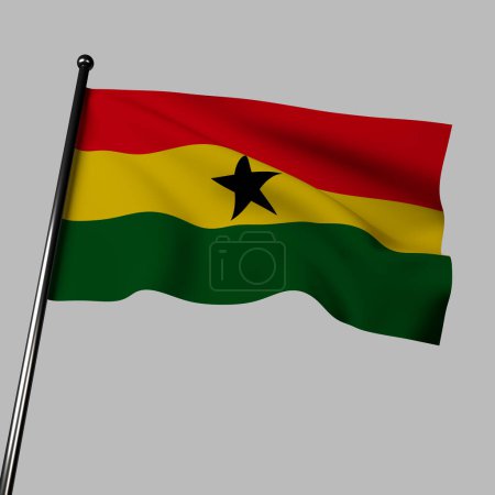 Téléchargez les photos : Drapeau Ghana 3D sur fond gris. Rayures rouges, jaunes, vertes avec étoile noire au centre. Le rouge représente le sang versé pour l'indépendance, le jaune symbolise la richesse minérale, le vert représente les forêts et l'étoile noire représente la liberté africaine. - en image libre de droit