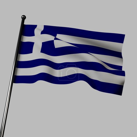 Griechenland-Flagge weht auf grauem Hintergrund, 3D-Illustration. Blaue und weiße horizontale Streifen, mit einem weißen Kreuz in der oberen linken Ecke. Das Kreuz steht für die griechisch-orthodoxe Kirche.