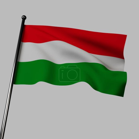 The Hungarian flag is depicted in 3D, waving on a grey background. The flag features three equal horizontal stripes of red, white, and green. These colors represent strength, fidelity, and hope, respectively. 
