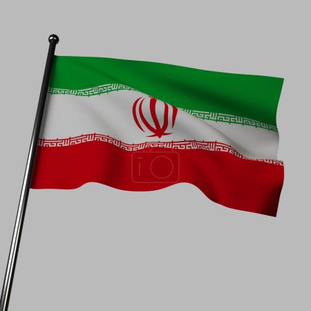 Die Flagge des Iran weht im Wind auf grauem Hintergrund, 3D-Illustration. Dreifarbig mit grünen, weißen und roten Streifen, die für Islam, Frieden und Mut stehen.