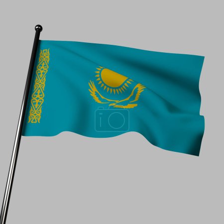 The Kazakh flag flutters in the wind on a gray background in this 3D rendering. The flag's light blue color represents peace and unity, while the golden sun represents wealth and cultural heritage. The eagle symbolizes freedom and power.