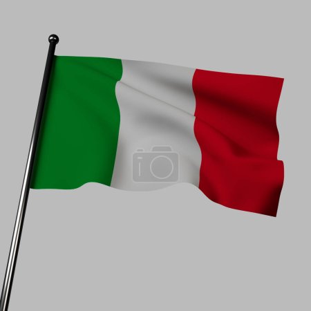 The Italian flag flutters in the wind, portrayed in 3D on a gray background. This tricolor banner features green, white, and red horizontal stripes that symbolize hope, faith, and charity, respectively. The flag is a symbol of the Italian nation.