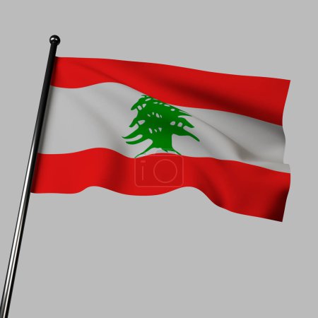 Foto de La bandera libanesa ondea elegantemente en la brisa contra un fondo gris neutro. Sus colores vibrantes de rojo, blanco y verde simbolizan coraje, paz y esperanza. Esta ilustración en 3D captura el espíritu y el orgullo nacional del Líbano. - Imagen libre de derechos