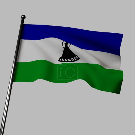 Foto de La bandera de Lesotho ondea sobre un fondo gris en esta ilustración 3D. Cuenta con rayas horizontales azules, blancas y verdes que representan la lluvia, la paz y la prosperidad. Simbolizando la belleza natural y la armonía. - Imagen libre de derechos