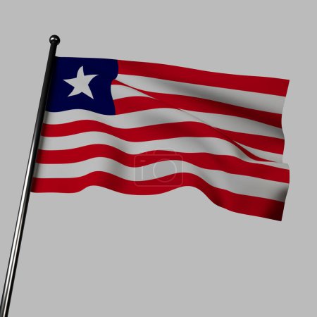 Téléchargez les photos : Le drapeau 3D libérien flotte dans le vent. Les couleurs rouge, blanc et bleu représentent la bravoure, la pureté et la loyauté. La conception du drapeau a des rayures horizontales et une étoile blanche, symbolisant la liberté et la fondation de la nation comme un foyer pour les esclaves africains libérés. - en image libre de droit