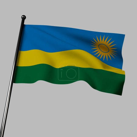Ilustración 3D de la bandera de Ruanda ondeando orgullosamente. La bandera presenta tres franjas horizontales de azul, amarillo y verde, que simbolizan la unidad, el desarrollo económico y la esperanza..