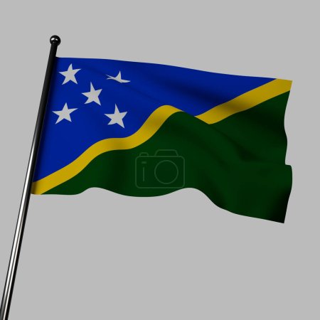Téléchargez les photos : L'illustration 3D des ondes du drapeau des Îles Salomon sur un fond gris. Il présente des couleurs bleues et jaunes avec une bande diagonale et des étoiles vertes, symbolisant l'unité et la souveraineté. - en image libre de droit
