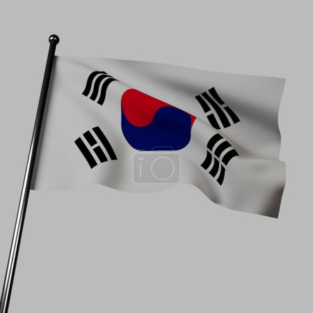 Téléchargez les photos : Illustration du drapeau sud-coréen agitant dans le vent, isolé sur un fond gris. Le drapeau comporte un symbole Yin-Yang rouge et bleu, appelé Taeguk, au centre, représentant l'équilibre des forces opposées et l'harmonie. - en image libre de droit